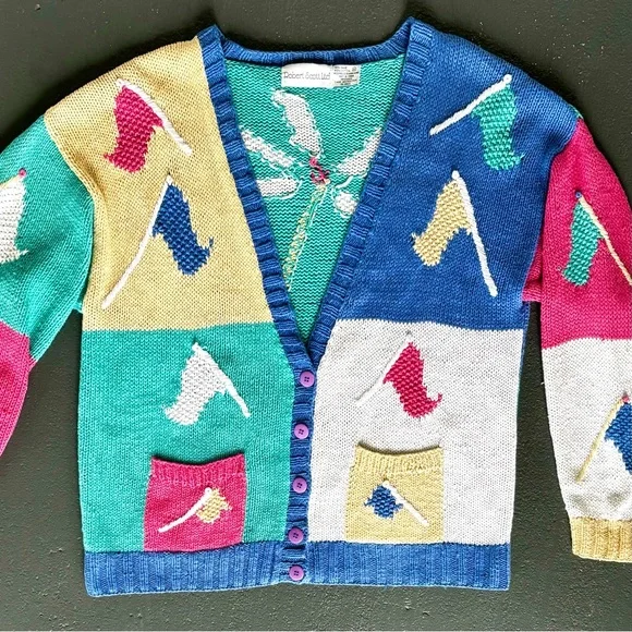 ROBERT SCOTT LTD Hand Knit Ramie Blend Colorblock V-Neck Tropical Golf Cardigan - Picture 5 of 14